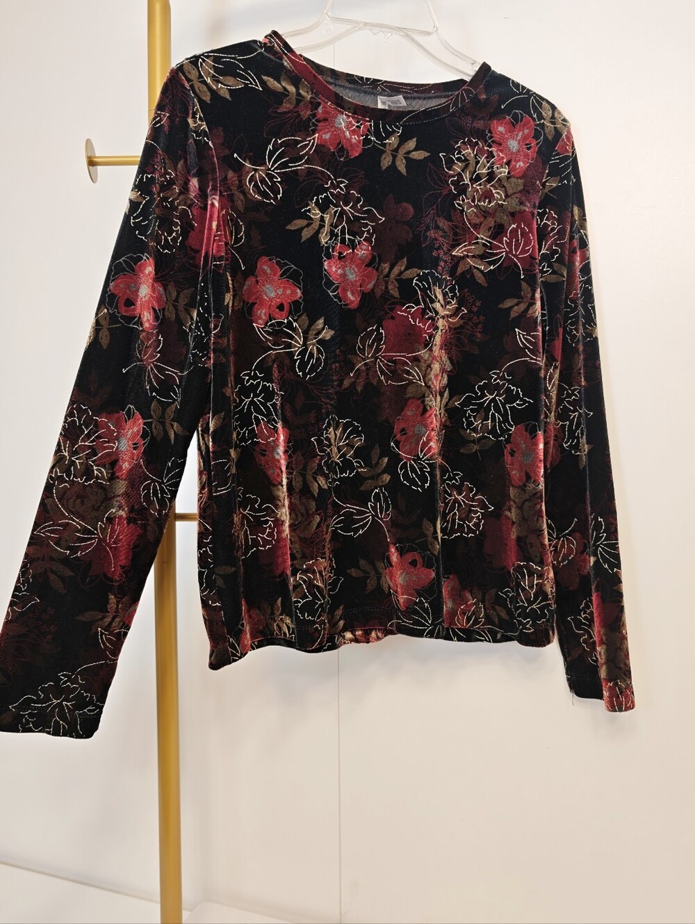 Vintage Whimsigoth Black Velvet Long-Sleeve Floral Tee Red And Gold Size Medium